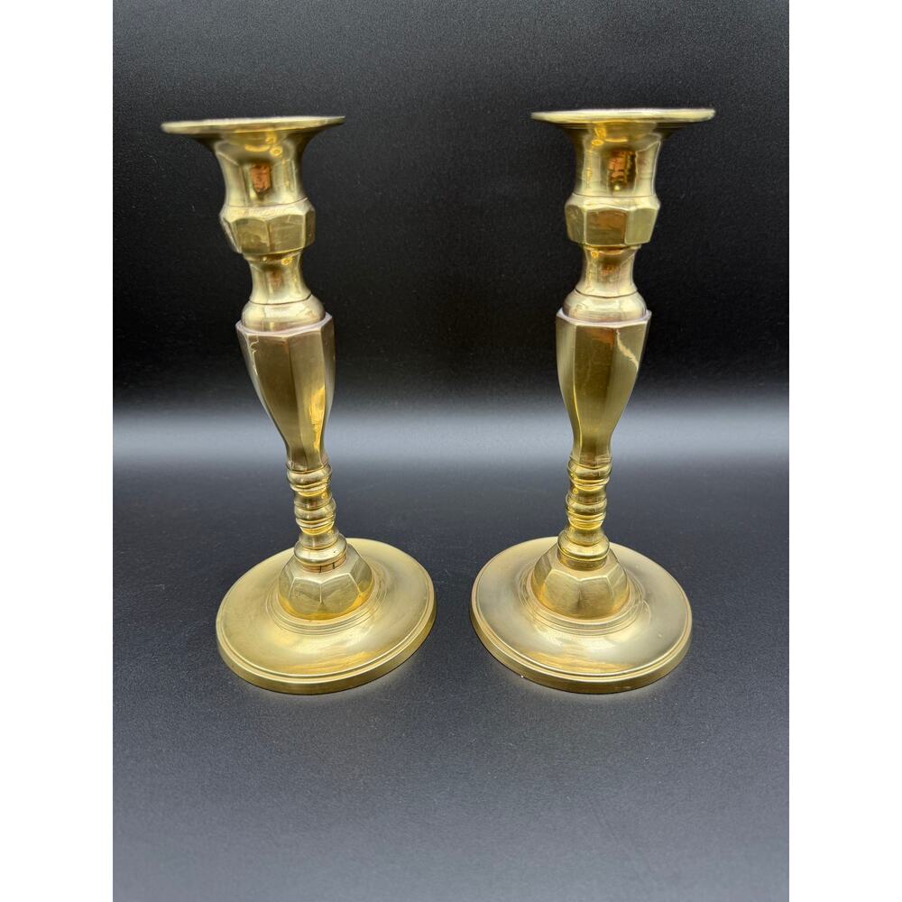 Vintage Solid Brass Candlestick Holders Pair 8” Hex Base MCM Taper Candle